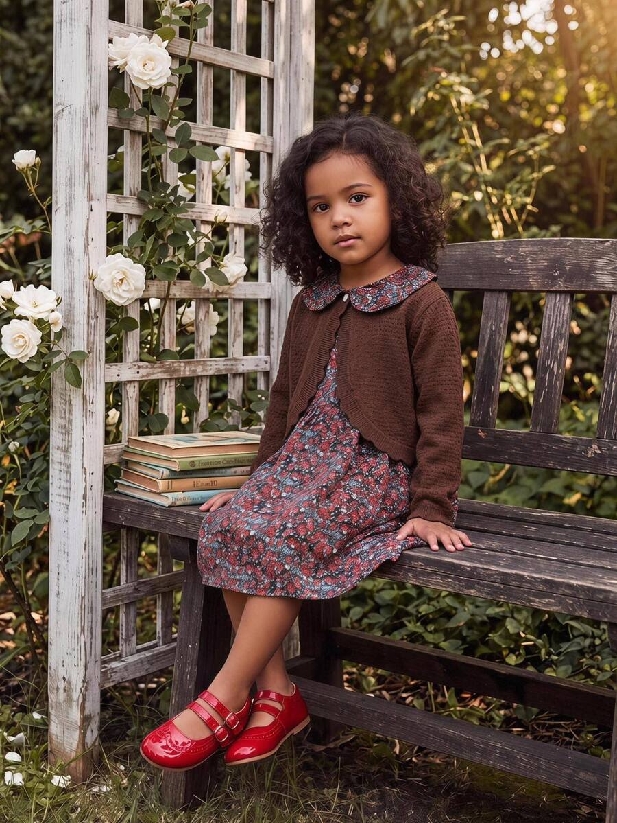 SHEIN Elladie kids 女童純色長袖休閒單扣針織開襟衫 秋冬款 - 棕色 - 查看 1