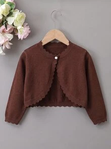 SHEIN Elladie kids 女童純色長袖休閒單扣針織開襟衫 秋冬款 - 棕色 - 查看 7