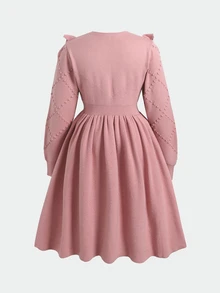 SHEIN Tween女孩休閒甜美荷葉邊拼接中長洋裝 秋冬穿搭 - 粉色 - 查看 2