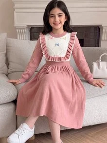 SHEIN Tween女孩休閒甜美荷葉邊拼接中長洋裝 秋冬穿搭 - 粉色 - 查看 8