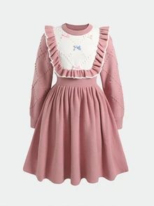 SHEIN Tween女孩休閒甜美荷葉邊拼接中長洋裝 秋冬穿搭 - 粉色 - 查看 6