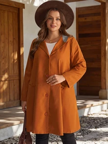 EMERY ROSE Plus Size Solid Hooded Long Sleeve Button Front Casual Baggy Loose Jacket With Pockets Autumn 2026 Thanksgiving Holiday Club Grey Fall - Multicolor - View 4