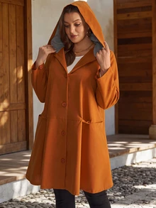 EMERY ROSE Plus Size Solid Hooded Long Sleeve Button Front Casual Baggy Loose Jacket With Pockets Autumn 2026 Thanksgiving Holiday Club Grey Fall - Multicolor - View 5