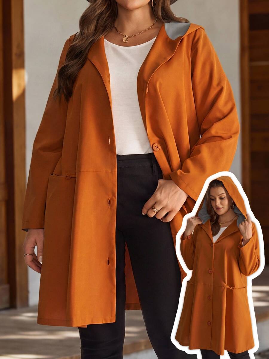 EMERY ROSE Plus Size Solid Hooded Long Sleeve Button Front Casual Baggy Loose Jacket With Pockets Autumn 2026 Thanksgiving Holiday Club Grey Fall - Multicolor - View 1