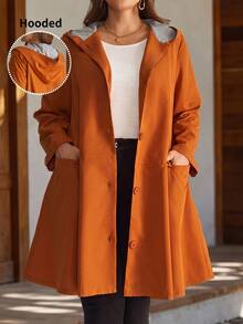 EMERY ROSE Plus Size Solid Hooded Long Sleeve Button Front Casual Baggy Loose Jacket With Pockets Autumn 2026 Thanksgiving Holiday Club Grey Fall - Multicolor - View 3