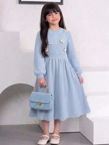 SHEIN Tween Girlkids Bow 3D Flower Textured Fitted Casual Sweet Ruffle Mid-Length Blue Dress Fall/Winter Outfits - Blue - View 8