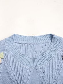 SHEIN Tween Girlkids Bow 3D Flower Textured Fitted Casual Sweet Ruffle Mid-Length Blue Dress Fall/Winter Outfits - Blue - View 3