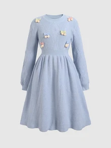 SHEIN Tween Girlkids Bow 3D Flower Textured Fitted Casual Sweet Ruffle Mid-Length Blue Dress Fall/Winter Outfits - Blue - View 4