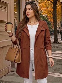 Rosumi Plus Size Spring/Autumn Casual Solid Color Hooded Trench Coat Jacket Bussines Hiking Brown Fall - Rust Brown - View 3