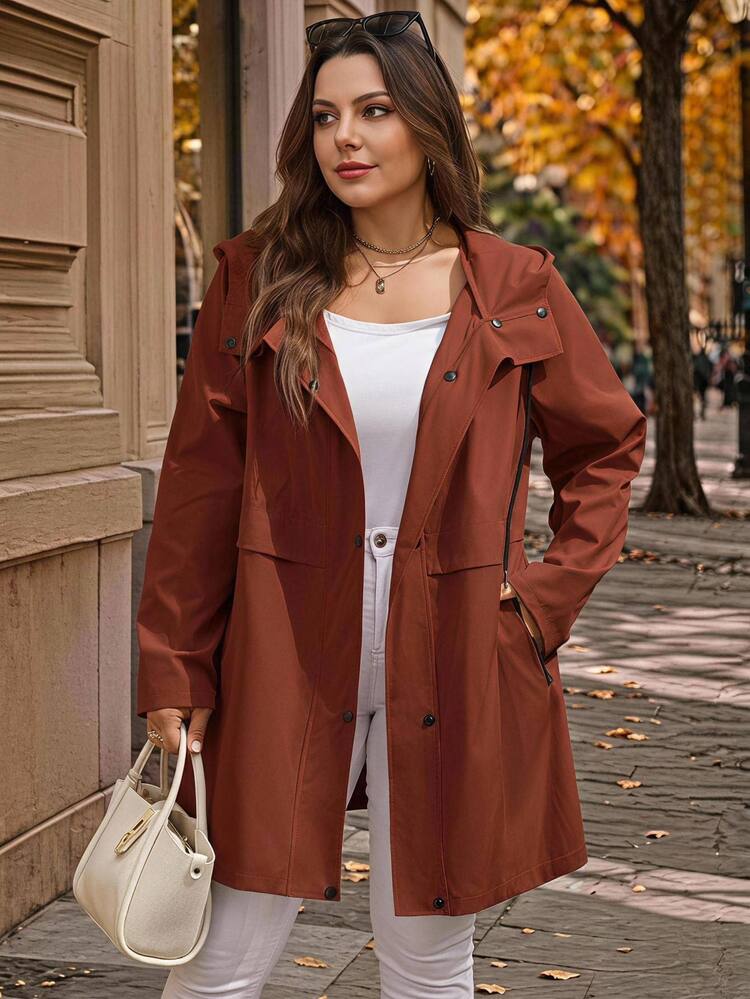 Rosumi Plus Size Spring/Autumn Casual Solid Color Hooded Trench Coat Jacket Bussines Hiking Brown Fall - Rust Brown - View 4