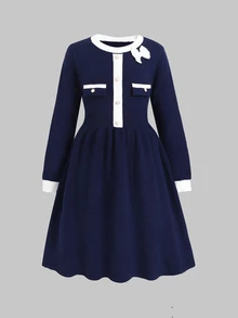 SHEIN Tween女孩甜美復古童裝蝴蝶結針織洋裝，休閒韓系時尚洋裝，適合秋冬日常穿著與外出 - 藏蓝色 - 查看 5