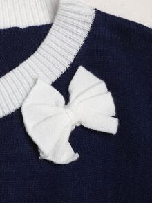 SHEIN Tween女孩甜美復古童裝蝴蝶結針織洋裝，休閒韓系時尚洋裝，適合秋冬日常穿著與外出 - 藏蓝色 - 查看 9