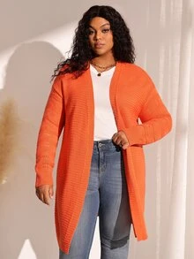 EMERY ROSE Plus Size Solid Textured V-Neck Long Sleeve Open Front Knit Cardigan Fall Winter 2026 - Burnt Orange - View 5