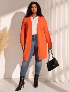 EMERY ROSE Plus Size Solid Textured V-Neck Long Sleeve Open Front Knit Cardigan Fall Winter 2026 - Burnt Orange - View 7