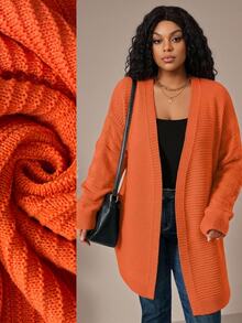 EMERY ROSE Plus Size Solid Textured V-Neck Long Sleeve Open Front Knit Cardigan Fall Winter 2026 - Burnt Orange - View 10