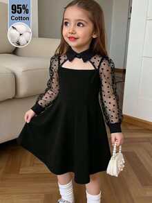 SHEIN Young Girl Contrast Dobby Kids Mesh Cut Out Front Dress - Black - View 1