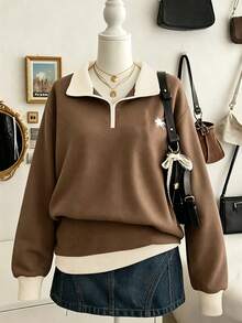 Lalippa Women's Colorblock Polo Half-Zip Sweatshirt, Loose Fit Pullover Top With Pony Collar - Multicolor - View 1