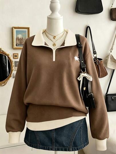 Lalippa Women's Colorblock Polo Half-Zip Sweatshirt, Loose Fit Pullover Top With Pony Collar