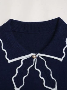 SHEIN Tween Girl Colorblock Bow Kids Exaggerated Collar Ruffle Sleeve A-Line Waist-Cinching Long Sleeve Royal Blue Back To School Autumn Dress - Blue - View 3