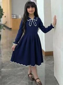 SHEIN Tween Girl Colorblock Bow Kids Exaggerated Collar Ruffle Sleeve A-Line Waist-Cinching Long Sleeve Royal Blue Back To School Autumn Dress - Blue - View 6