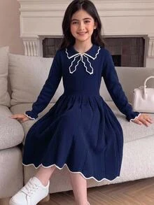 SHEIN Tween Girl Colorblock Bow Kids Exaggerated Collar Ruffle Sleeve A-Line Waist-Cinching Long Sleeve Royal Blue Back To School Autumn Dress - Blue - View 8