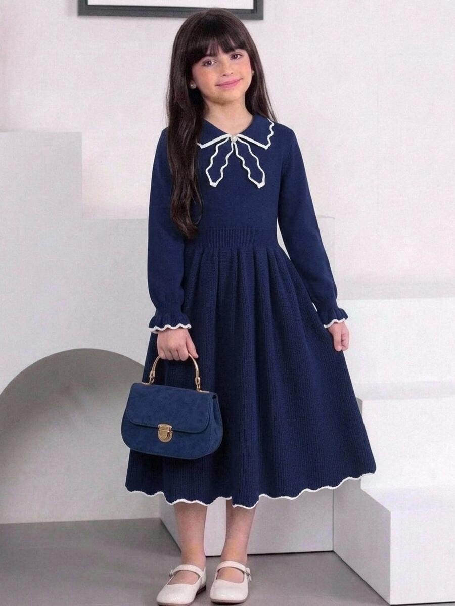SHEIN Tween Girl Colorblock Bow Kids Exaggerated Collar Ruffle Sleeve A-Line Waist-Cinching Long Sleeve Royal Blue Back To School Autumn Dress - Blue - View 1