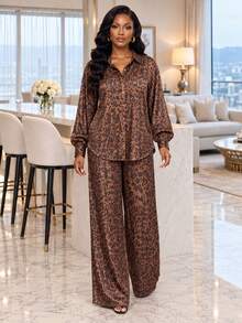 SHEIN Lady Women's Leopard Print Button-Up Top And Pocket Long Pants 2 Pieces Set - Multicolor - View 6