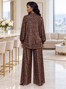 SHEIN Lady Women's Leopard Print Button-Up Top And Pocket Long Pants 2 Pieces Set - Multicolor - View 2