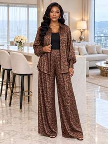 SHEIN Lady Women's Leopard Print Button-Up Top And Pocket Long Pants 2 Pieces Set - Multicolor - View 7
