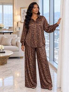 SHEIN Lady Women's Leopard Print Button-Up Top And Pocket Long Pants 2 Pieces Set - Multicolor - View 3
