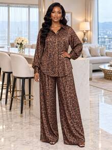 SHEIN Lady Women's Leopard Print Button-Up Top And Pocket Long Pants 2 Pieces Set - Multicolor - View 4