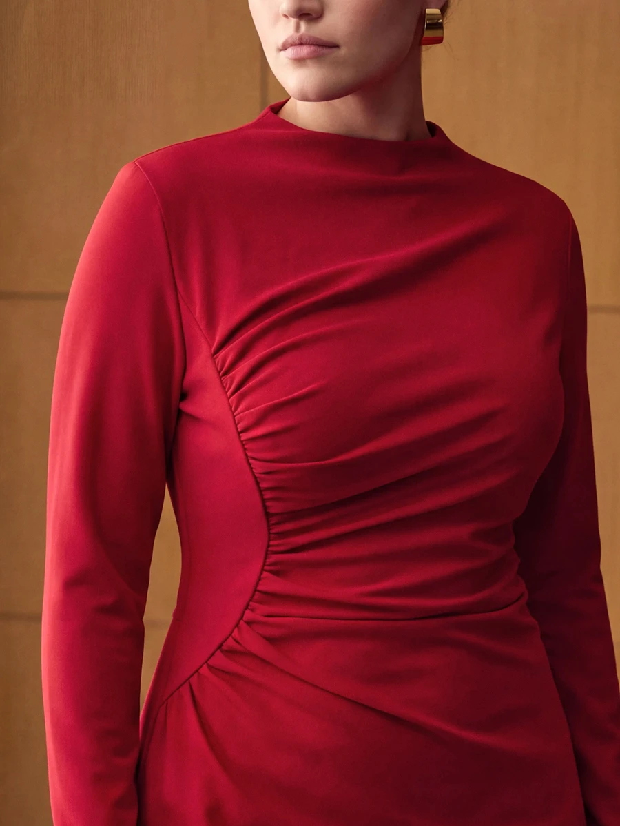 MOTF PREMIUM PLUS SIZE ELEGANT PLEATED LONG SLEEVE DRESS FOR DATE FALL - Red - View 2