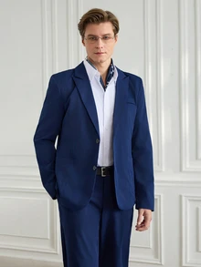 Officeau Men's 2pcs Navy Blue Peak Lapels Suits, Blazer And Pants, Tuxedos For Wedding/ Evening/ Prom/ Party - Navy Blue - View 5