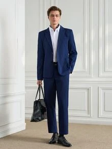 Officeau Men's 2pcs Navy Blue Peak Lapels Suits, Blazer And Pants, Tuxedos For Wedding/ Evening/ Prom/ Party - Navy Blue - View 3