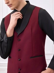 Officeau Men's 3 Pieces Burgundy Color-Block Suit Set With Shawl Collar Blazer & Waistcoat & Pants, Luxury Tuxedo For Wedding/Evening Wear/Prom - Burgundy - View 10