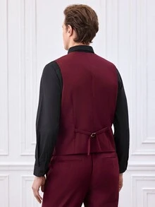 Officeau Men's 3 Pieces Burgundy Color-Block Suit Set With Shawl Collar Blazer & Waistcoat & Pants, Luxury Tuxedo For Wedding/Evening Wear/Prom - Burgundy - View 8