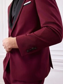 Officeau Men's 3 Pieces Burgundy Color-Block Suit Set With Shawl Collar Blazer & Waistcoat & Pants, Luxury Tuxedo For Wedding/Evening Wear/Prom - Burgundy - View 9