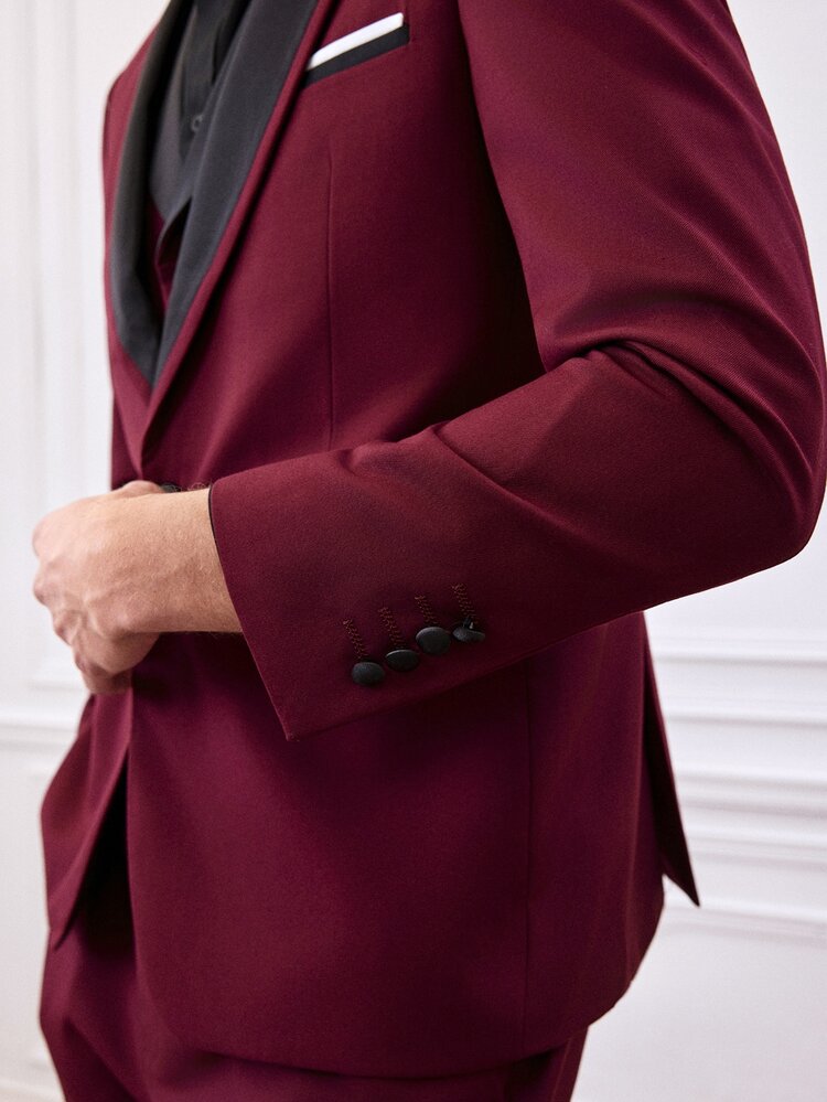 Officeau Men's 3 Pieces Burgundy Color-Block Suit Set With Shawl Collar Blazer & Waistcoat & Pants, Luxury Tuxedo For Wedding/Evening Wear/Prom - Burgundy - View 8