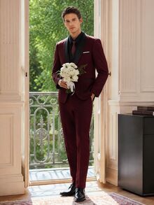 Officeau Men's 3 Pieces Burgundy Color-Block Suit Set With Shawl Collar Blazer & Waistcoat & Pants, Luxury Tuxedo For Wedding/Evening Wear/Prom - Burgundy - View 2