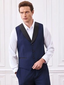 Officeau Bộ vest nam 3 món màu xanh navy phối mảng màu với áo blazer cổ xà-lông, áo gile và quần tây, tuxedo sang trọng cho đám cưới/tiệc tối/dạ hội - Màu xanh hải quân - Xem 6