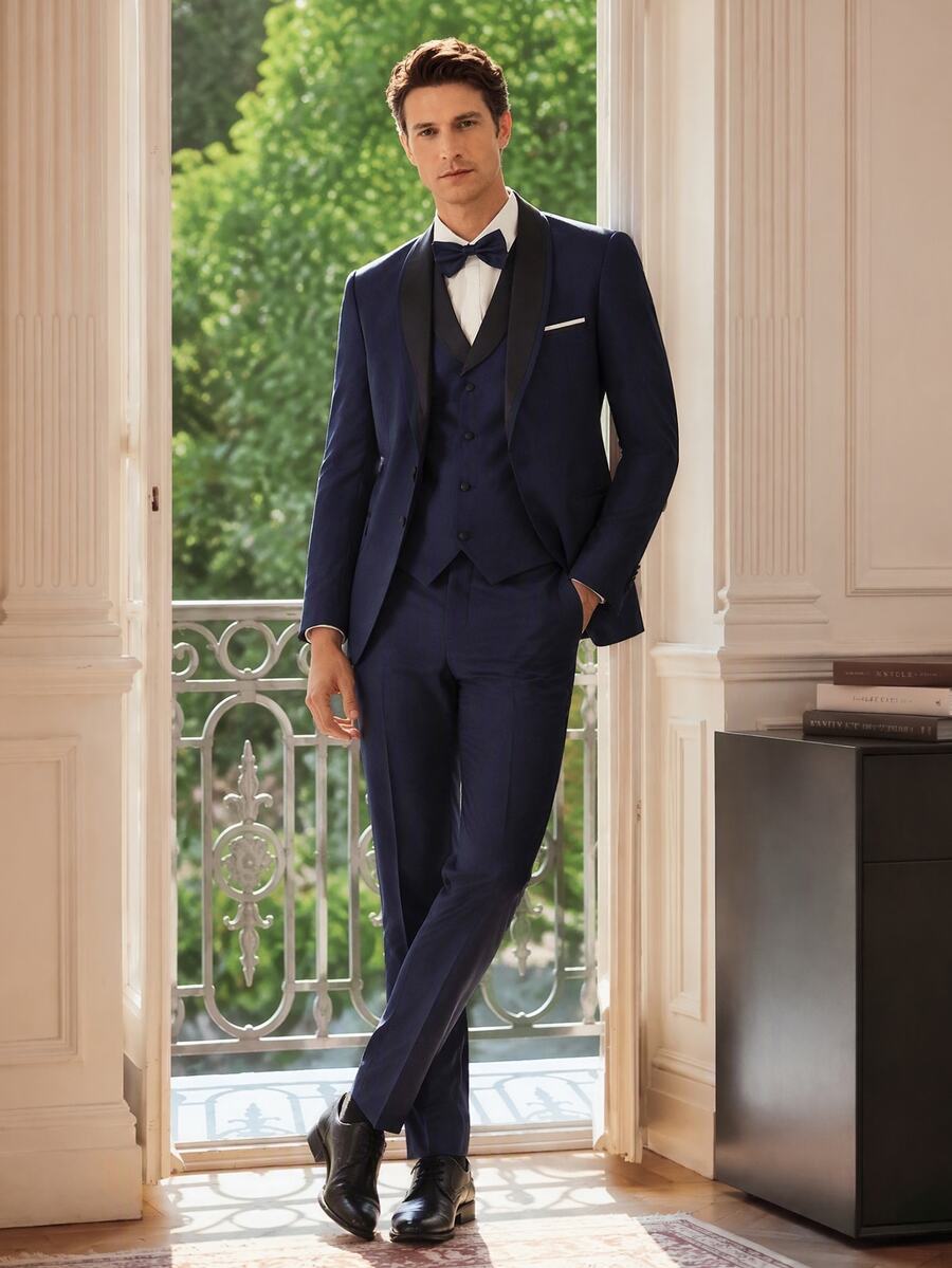Officeau Bộ vest nam 3 món màu xanh navy phối mảng màu với áo blazer cổ xà-lông, áo gile và quần tây, tuxedo sang trọng cho đám cưới/tiệc tối/dạ hội