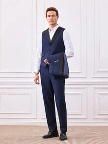 Officeau Bộ vest nam 3 món màu xanh navy phối mảng màu với áo blazer cổ xà-lông, áo gile và quần tây, tuxedo sang trọng cho đám cưới/tiệc tối/dạ hội - Màu xanh hải quân - Xem 5