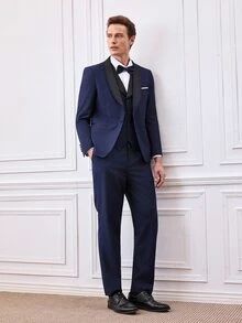 Officeau Bộ vest nam 3 món màu xanh navy phối mảng màu với áo blazer cổ xà-lông, áo gile và quần tây, tuxedo sang trọng cho đám cưới/tiệc tối/dạ hội - Màu xanh hải quân - Xem 4