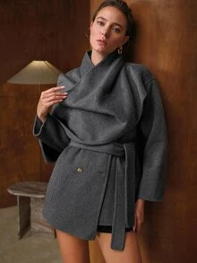 MOTF PREMIUM ASYMMETRICAL HALTER NECK METAL BUTTON DECOR WOOL BLEND DOUBLE-FACED OVERCOAT - Dark Grey - View 8