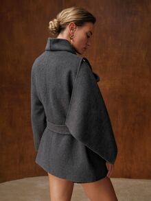 MOTF PREMIUM ASYMMETRICAL HALTER NECK METAL BUTTON DECOR WOOL BLEND DOUBLE-FACED OVERCOAT - Dark Grey - View 3