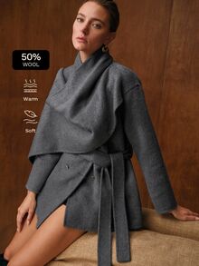 MOTF PREMIUM ASYMMETRICAL HALTER NECK METAL BUTTON DECOR WOOL BLEND DOUBLE-FACED OVERCOAT - Dark Grey - View 6