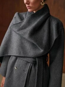 MOTF PREMIUM ASYMMETRICAL HALTER NECK METAL BUTTON DECOR WOOL BLEND DOUBLE-FACED OVERCOAT - Dark Grey - View 2