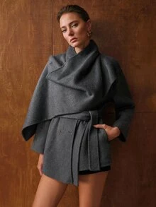 MOTF PREMIUM ASYMMETRICAL HALTER NECK METAL BUTTON DECOR WOOL BLEND DOUBLE-FACED OVERCOAT - Dark Grey - View 7