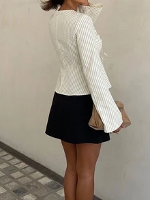 Siren Gaze 秋季女款黃色條紋深V領修身長袖T恤，適合度假、派對、約會、節慶，Y2K風格，優雅休閒正式商務鄉村風 - 彩色 - 查看 3