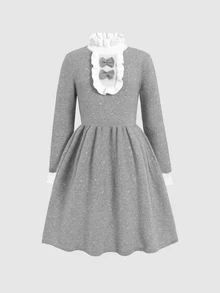SHEIN Tween Girl Color Block Kids Ruffle Collar Cinched Waist White Heart Print Long Sleeve Grey Autumn/Winter Dress Back To School - Grey - View 5